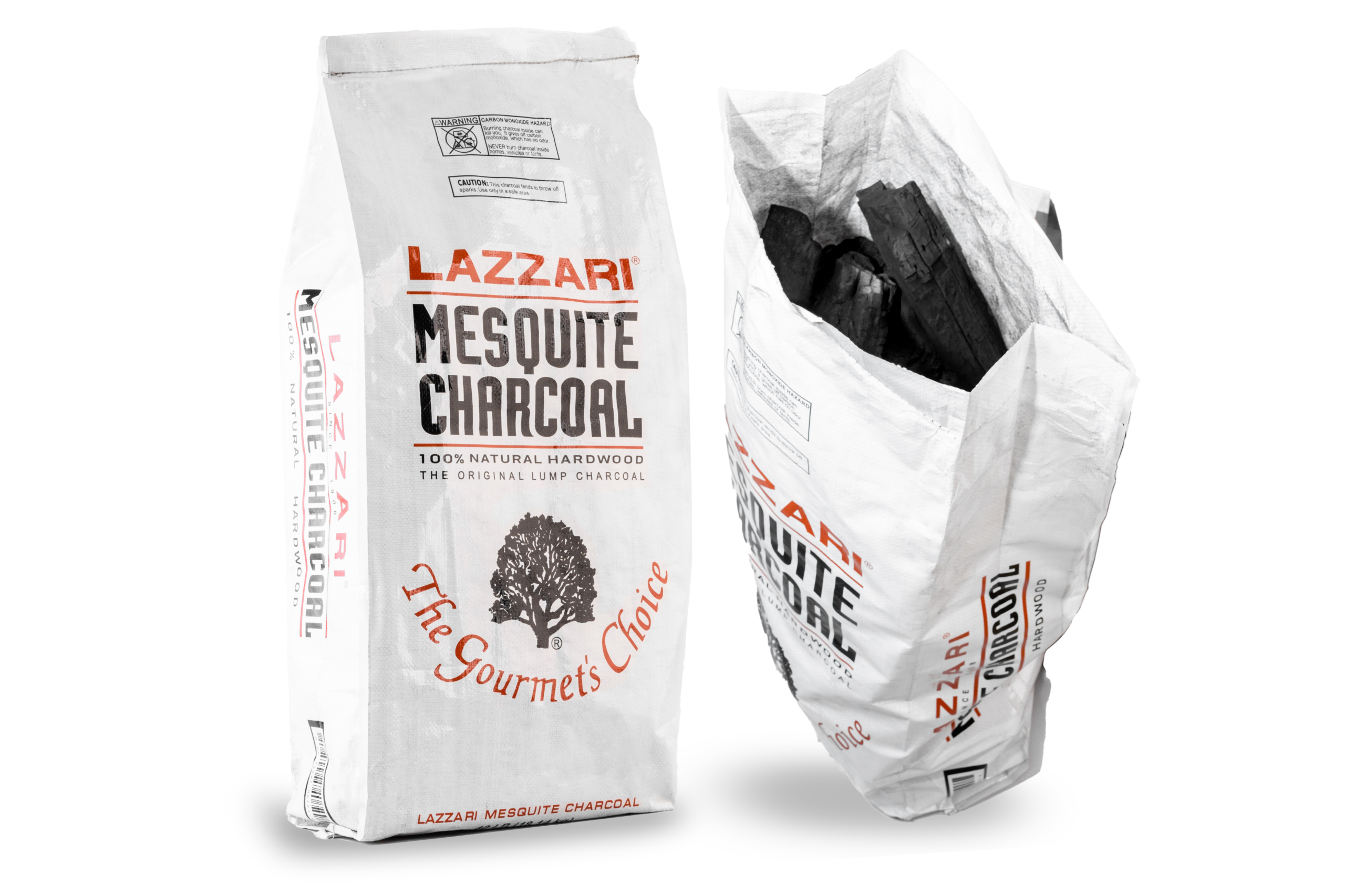 Lazzari Mesquite Charcoal Bag Showcasing 100% Natural Hardwood. Ideal For Grilling, Emphasizing Premium Quality And Gourmet Choice.