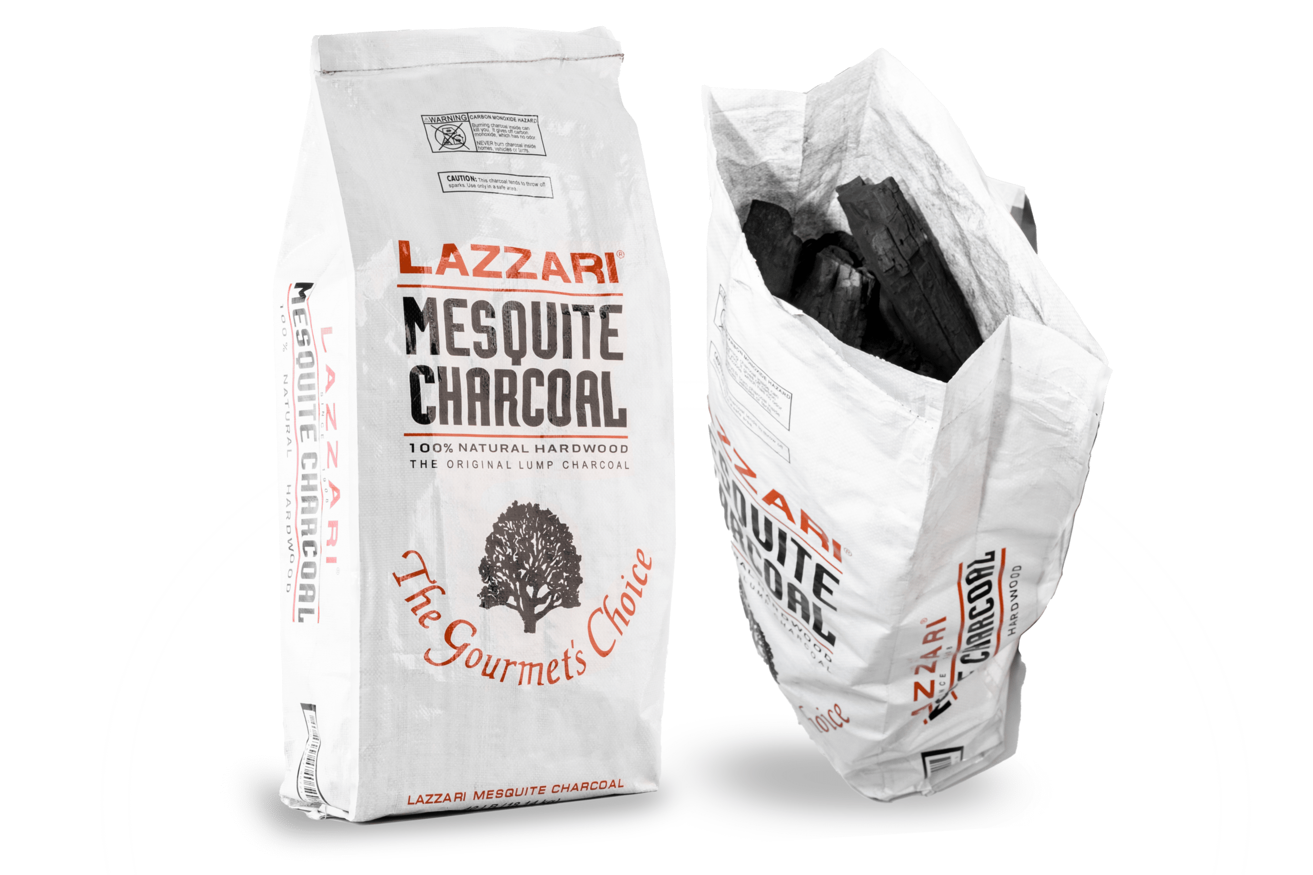 Lazzari Mesquite Charcoal Bag Showcasing 100% Natural Hardwood. Ideal For Grilling, Emphasizing Premium Quality And Gourmet Choice.